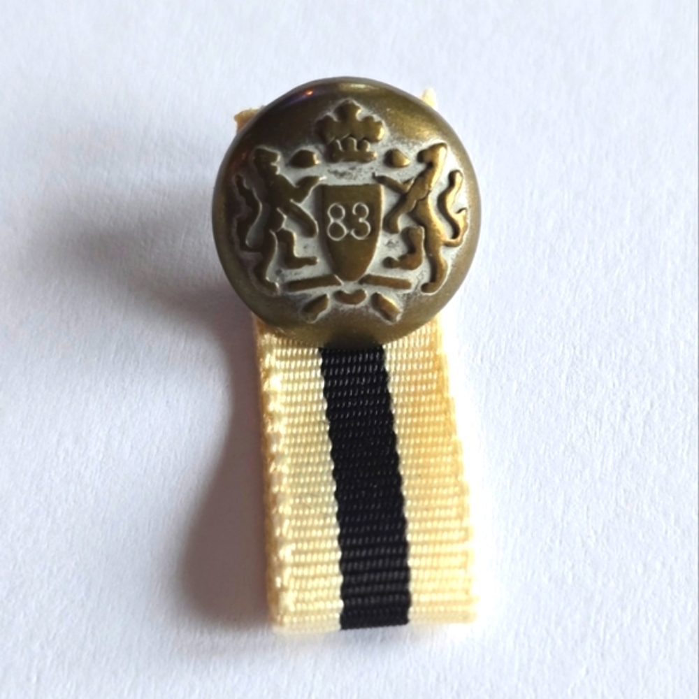 Vintage 83 Crest Button and Grosgrain Ribbon Pin Brass Crest Button Ivory/Black